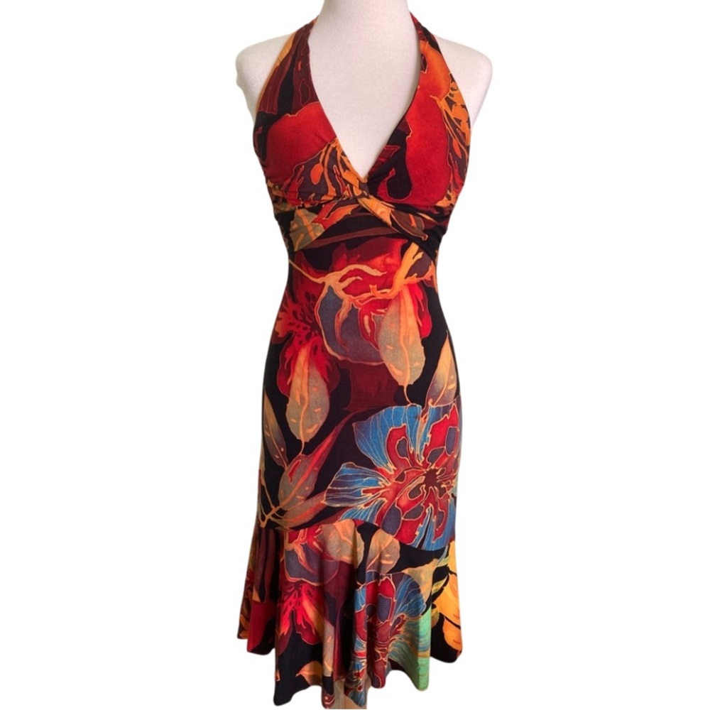 Vibrant Vintage Cache Floral Halter Dress